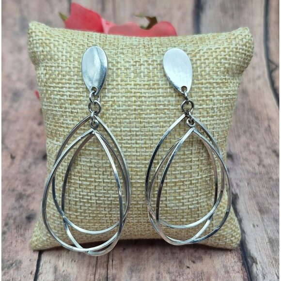 Silver Tone Statement Earrings Drop Dangle Multi Hoop Lightweight 2.5 Inch - Picture 3 of 4